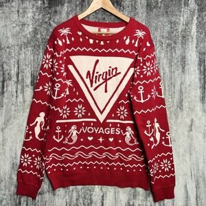 Virgin Voyages Cruise Line Logo Sweater Size XL Red Cream Nautical Mermaids